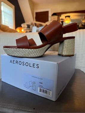 AEROSOLES Camera Gingerbread Brown Leather Woven Platform Sandals